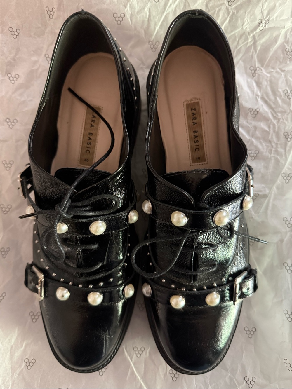 Zara Black Patent Pearl-Embellished Lace-Up Flats